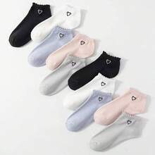 1/4 Pair Women Heart Print Solid Color Ankle Socks, Suitable For Daily Wear - Multicolor - View 9