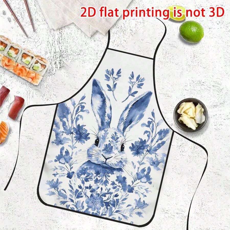 1pc Easter White Background Blue Dyed Flower Rabbit Apron, Ink Floral Pattern Cute Rabbit + Chinese Blue And White Porcelain Style, Durable Cooking Apron Suitable For Bakers, Cake Decorators, BBQ Enthusiasts, Gardeners, Painting, Manicure, Etc. - Perfect Gift For Home And Professional Chefs - Multicolor - View 1
