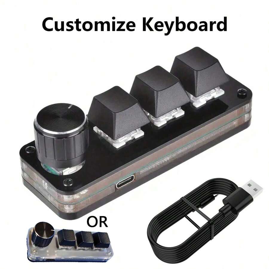 YAIUZGOO Programmable Mini Mechanical Keyboard, DIY Keyboard With Volume Knob, One-Key Operation, 3-Key Acrylic Design, Backlit Shortcut Keys And Media Control Keys, Customizable Shortcuts, USB Type-C Interface. Modular Keyboard Design Suitable For Gaming, Office, Music, Industrial Control And Other Applications - 黑色 - 查看 1
