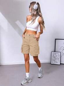 ELLEVEN Bermuda Cargo Shorts Women, Elastic High Waist 6 Pockets Shorts Inch Inseam Summer Jorts Women CasualA Valentine's Day 4RIF - 米色 - 查看 4