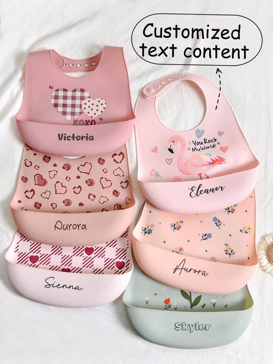3 piezas/2 piezas/1 pieza Baberos personalizados para bebé de silicona, suaves, ajustables, fáciles de limpiar y cómodos, con patrones de lunares, granja, polígono y ramo disponibles, adecuados para niños y niñas, regalo personalizado, estilo del Día de San Valentín, para todas las estaciones - Multicolor - Ver 1