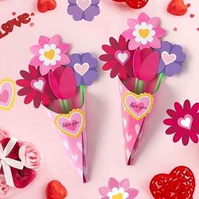 37 Mixed Sets, Valentine'S Day Pink Bouquet Card Handmade Kit, Including 25 Tubes And 6 Flower Cardstock + 6 Heart Cardstock, Bouquet Handmade Kit, Suitable For Handmade Art Lovers, Can Make Heart-Shaped Bouquets, Is An Ideal Choice For Valentine'