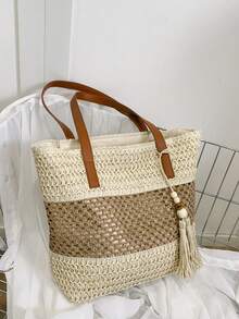 1个新款节日流苏装饰撞色草编手提包，休闲单肩包，适合沙滩、旅行、度假，情人节礼物，女士编织包 - 米色 - 查看 9