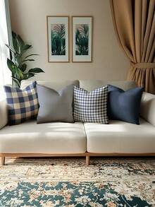 Bộ 4 chiếc, vỏ gối in họa tiết kẻ ô đơn giản, vỏ gối bằng vải lanh mềm mại, không kèm ruột gối, phong cách tối giản tươi mới, vỏ gối trang trí nhà cửa cho ghế sofa, vỏ gối vuông giả vải lanh, vỏ gối trang trí sofa hiện đại, không kèm ruột gối. - Màu xanh đại dương - Xem 2