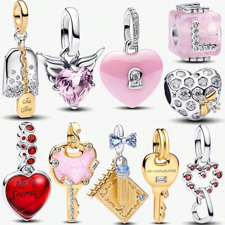 1个钥匙，粉色心形吊坠，镀银，适合手链/项链 DIY 礼物 - 彩色 - 查看 1