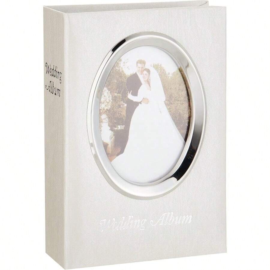 100-Pocket Moire Cover Album With Silvertone Oval Frame And Wedding Album Text For 4 By 6-Inch Prints Ivory - White - View 1