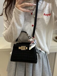 Crocodile Embossed Scarf Decor Flap Cover Handbag, Solid Color Embossed Tote Bag With Fashionable Metal Lock Decor, Mini Shoulder Crossbody Bag For Home, Shopping, Commuting - Black - View 5