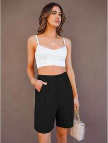 Bermuda Shorts Women Dressy Casual High Waisted Summer Work Elastic Waist Pleated Dress Shorts With PocketsA Valentine's Day U6EB - 卡諾裡奶油 - 查看 2
