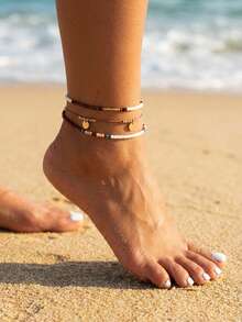 1pc Bohemian Style Multilayer Beaded Beach Anklet With Cowrie Shell For Summer Casual Style