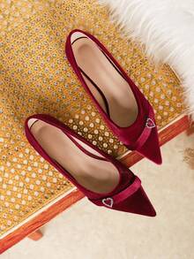 女士尖头水晶爱心装饰休闲平底鞋，时尚春夏款 - 酒紅色 - 查看 6