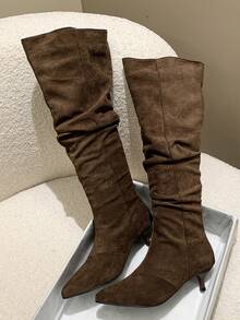 Women's Fashion Boots, 2025 Autumn/Winter New Arrival, Women's Shoes, Pointed Toe Pleated Tall Boots, Suede Slouchy Knee High Boots, Mini Kitten Heel Over-The-Knee Boots, Black Tall Boots - Brown - View 2