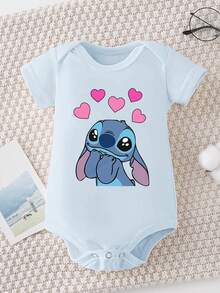 Disney Baby Clothing, Newborn  - Unisex - Disney Stitch Creative Cartoon Print - Crawling And Toddling Stage Set - Summer Outdoor Casual Crewneck Crawling Coverall With Triangle Hem Design - Summer Essential Item - Fun-Filled - Adorably Cute - Perfect Holiday Gift For Infants And Toddlers - Baby Blue - View 2