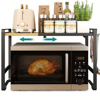 SONGMICS レンジ上ラック 電子レンジ棚 トースターラック 伸縮式 電子レンジ台 レンジ置き台 収納ラック 幅41.5～64cm調節可能 シンク上キッチン収納 スチールand竹製 フック4個付き ライトホワイト＆ライトバンブー KCS060W01