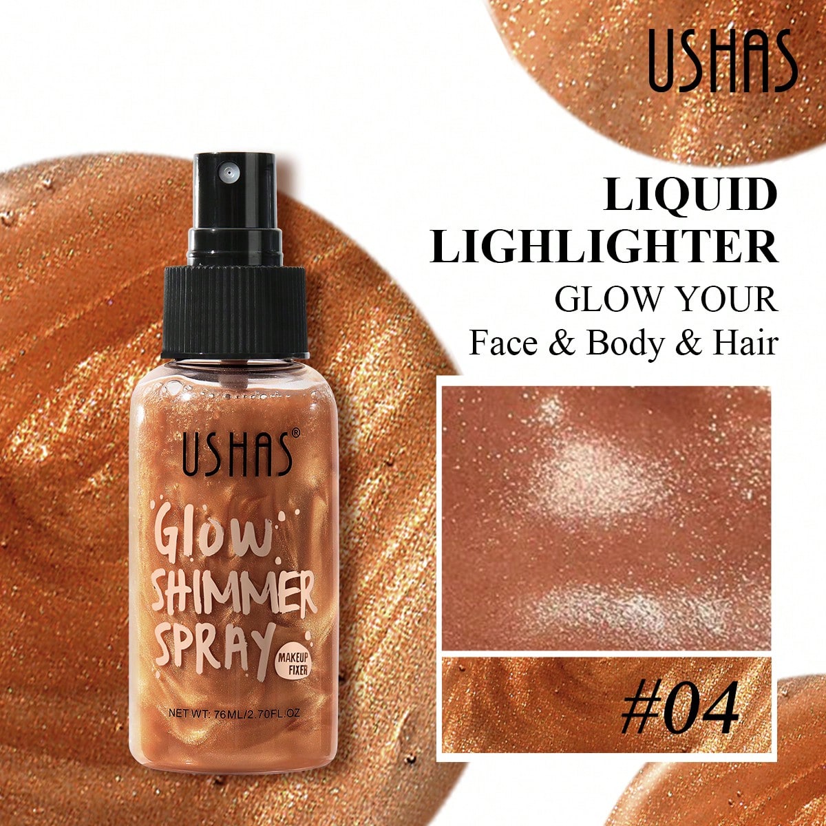 Shein #04 Rich Amber Radiance Ushas Fine Shimmer Highlight Spray, Glitter Liquid Brightening Spray For Face & Body & Hair, Long Lasting Luminous Glossy Effect, Uniform Mist Spray Easy Control Application, Perfect Daily Party Concert Gathering Brightening Cosmetic
