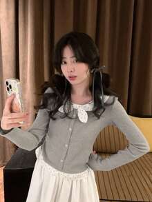 女士法式灰色长袖T恤，春秋新款，波点蝴蝶结圆领露脐上衣 - 灰色 - 查看 2