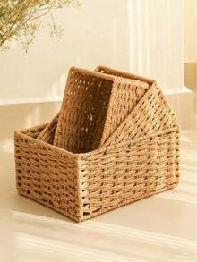 1pc Beige Wicker Storage Basket, Handwoven Rattan Basket, Portable Rattan Storage Box, Handmade Organizer Basket, Gift Basket, Bedroom/Dorm Storage, Home Decor, Suitable For Valentine's Day, Halloween, Christmas Gifts - Multicolor - View 7