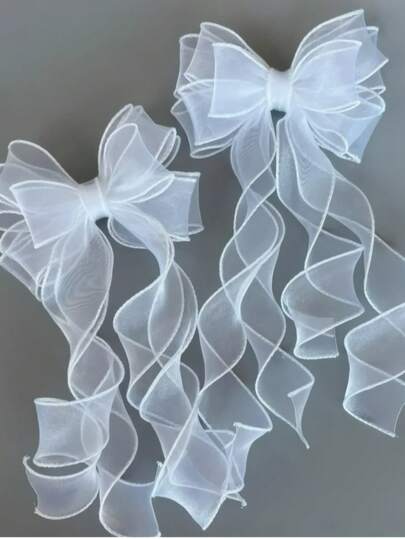 1pc/2pcs White Bowknot Hair Clips - Hair Accessories - Suitable For Uniforms, Braids And Ponytails - Elegant And Cute Hair Clips, Suitable For Casual Outfits, Mesh Material, Big Bowknot, Ribbon, Hair Clips, Princess Style, Fairy Style, Top Hair Clips, White Ponytail, Pointed Hair Clips