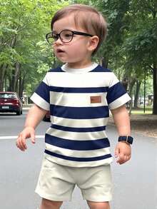 2pcs/Set Boys' Striped Print Short Sleeve T-Shirt And Shorts - Blue - View 1