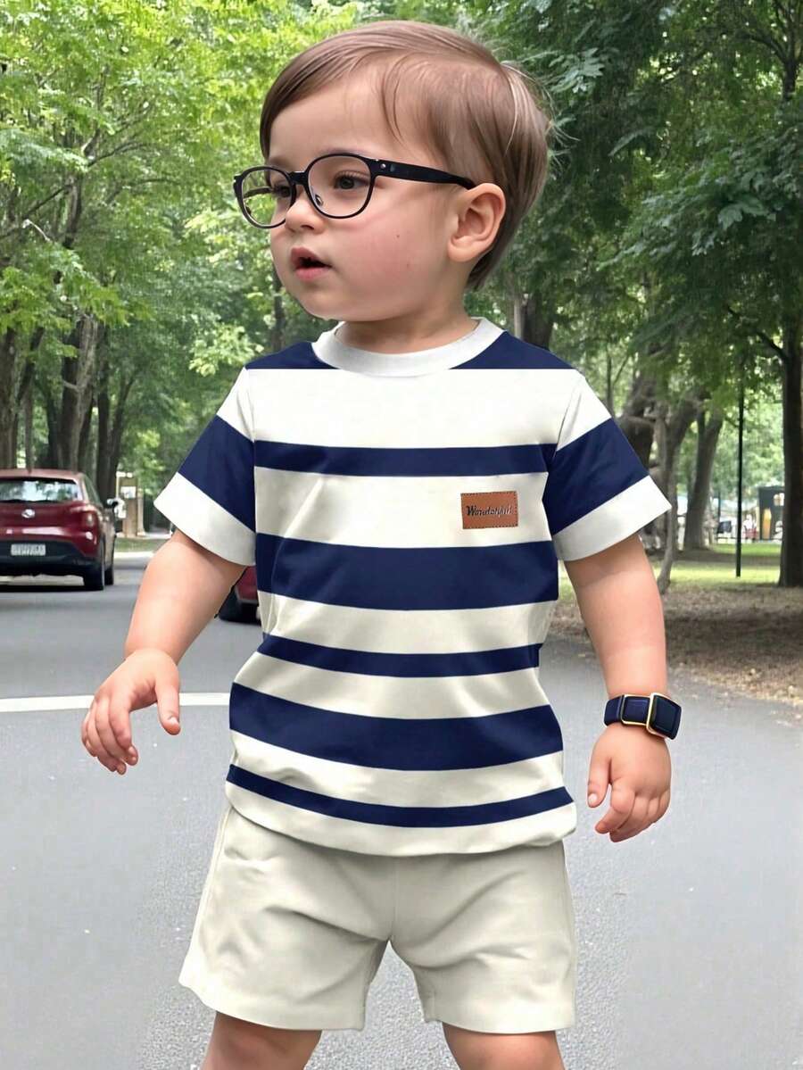 2pcs/Set Boys' Striped Print Short Sleeve T-Shirt And Shorts - Blue - View 1