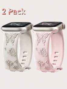 2条装花卉雕刻表带，兼容表带49mm、45mm、44mm、42mm、41mm、40mm、38mm，防水花朵蝴蝶运动硅胶腕带替换表带，兼容 Series 11、10、9、8、7、6、5、4、3、2、1、SE、Ultra，女士款 - 星光白和粉紅色 - 查看 17