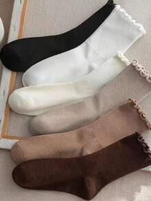6/3/1 Pair Japanese Style Frill Edge Mid-Calf Socks, Maillard Color Palette Lolita Style Versatile Slouch Socks, Women's Soft Girl Style Ruffle Edge Breathable Socks, Daily JK Dress Matching Spring/Autumn Socks - Type a - View 2