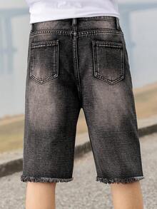 青少年男生休闲校园时尚直筒牛仔短裤，百搭街头服饰 - 黑色 - 查看 6