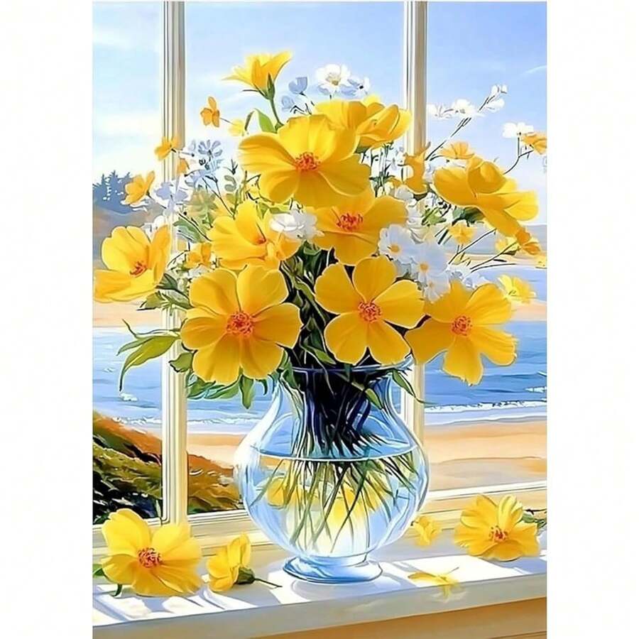 GHHKUD Diamond Painting Kits Vase Flowers For Adults, DIY 5D Yellow Flowers Diamond Painting, Full Drill Diamond Art Kits Art Pictures For Relaxation Gifts Home Wall Decor 30x40cm - 花瓶花 - 查看 1