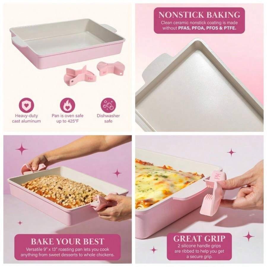 Deluxe Roasting Pan Set, Heavy Duty Nonstick Bakeware With Silicone Handle Grips, 13 Inchx9 Inch, Pink - Pink - View 1