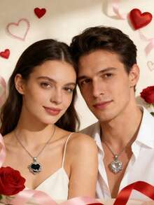 两件套时尚心形金属镶嵌水晶锆石钻石吊坠项链套装，男女皆宜，情人节、送给爱人、朋友的礼物 - 彩色 - 查看 8