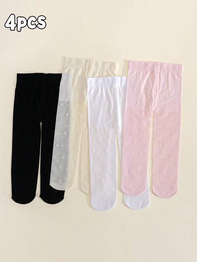 4 Pairs Baby Girls' Cute Star Jacquard Breathable Sheer Tights, Vacation Style Leggings, Infant Anti-Snag Anti-Mosquito Socks