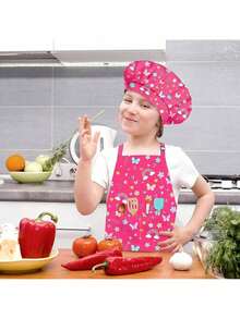 TendenciaDelantal y sombrero de chef para niños, delantales ajustables con bolsillo para niñas, niños, cocina, niños pequeños para cocinar y hornearCalidad premium - mariposas rosas - Ver 4