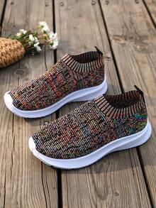 女士针织弹力套脚休闲运动鞋，简约百搭轻便舒适软底袜套鞋，网眼透气防滑跑步鞋 - 彩色 - 查看 3