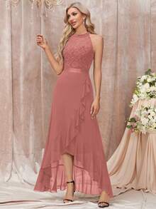 MIUSOL Rochie maxi cu imprimeu floral și volane, cu imprimeu petecă - Roz praf - Vizualizare 6