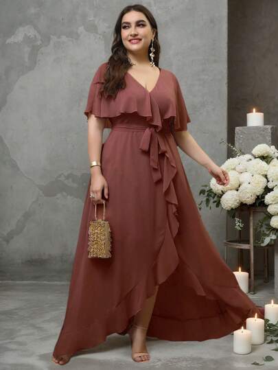 UNITHORSE Plus Size V-Neck Ruffle Trim Chiffon Bridesmaid Dress