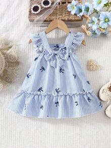 夏季新款女婴无袖背带连衣裙，清新蓝白条纹蝴蝶结设计，舒适休闲幼儿夏季连衣裙 - 藍色 - 查看 2