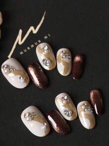 10pcs Acrylic Press On Nails Brown Nails Golden Line Pile Up Drill Short Nails Fake Nails Artificial Nails Kit Includes 1sheet Adhesive Tabs &1 Pc Mini File