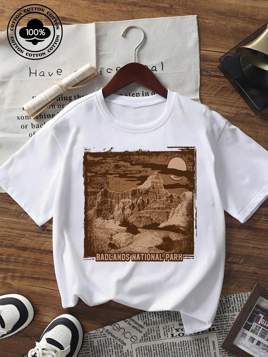 Women's Casual Summer Short Sleeve T - Shirt Black Relaxed Fit Badlands National Park Graphic Print Tee Vintage Landscape Printed Crew Neck Top For Daily Wear Vacation Streetwear - 白色 - 查看 1