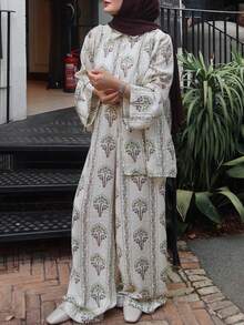 Women's Spring/Summer New Elegant Fashion Casual Floral & Plant Digital Print Loose Long Sleeve Shirt Collar Dropped Shoulder Shirt, Pleated Waist Wide Leg Long Pants Two Pieces Set - Floral & Plant Digital Print Pattern, Shirt Collar, Front Button, Loose Long Sleeve Shirt, Pleated Waist, Loose Wide Leg Pants, Thin Two Pieces Set, Suitable For Casual Outings, Ramadan Eid, Valentine's Day, Vacation, Beach, Commuting, Daily Wear - Multicolor - View 1