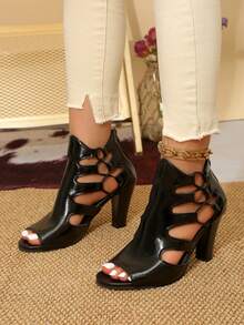 女士踝靴，纯色，后拉链，镂空设计，舒适粗跟，圆头，休闲鱼嘴凉鞋，简约风格，适合夏季派对，黑色短靴 - 黑色 - 查看 2