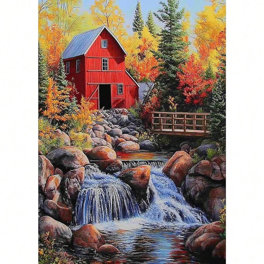 Diamond Painting Kits Red House For Adults, DIY 5D Landscape Diamond Painting, Full Drill Diamond Art Fall Scenery Kits Art Pictures For Gifts Home Wall Decor 30x40cm - 紅房子 - 查看 1