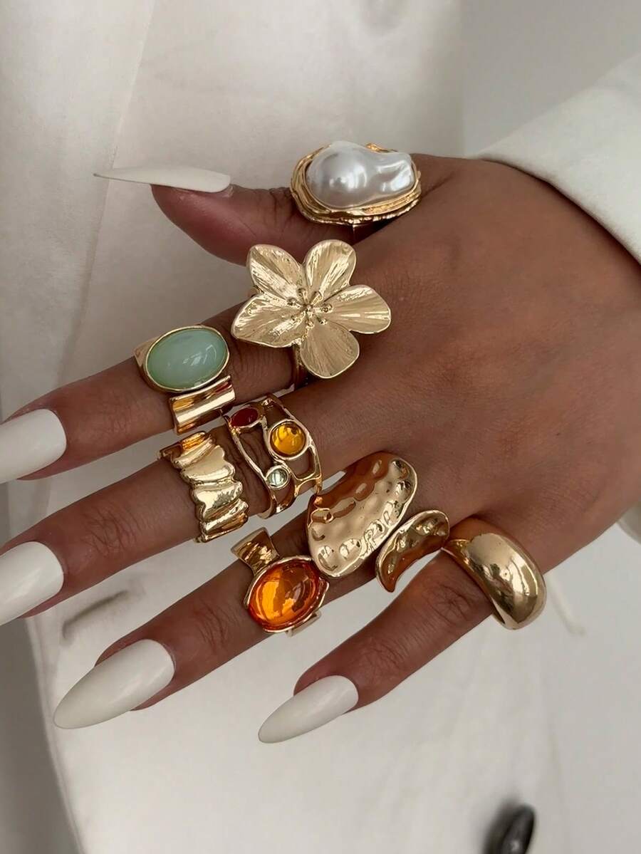 8件套波西米亚几何不规则花朵巴洛克仿珍珠水钻镶嵌时尚戒指套装，奢华优雅，日常、节日、派对珠宝礼品，女士之选 - 戒指 - 查看 1