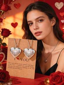 2pcs Multi-Color Fashionable Stainless Steel Openable Heart-Shaped Photo Locket Necklaces, Suitable For Women's Daily Wear - Silver - View 4