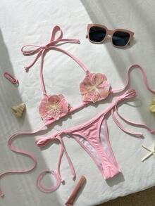 2026夏季海滩度假女士豹纹细肩带系带性感比基尼套装 粉色 - 粉色 - 查看 1