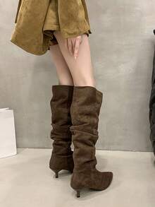 Women's Fashion Boots, 2025 Autumn/Winter New Arrival, Women's Shoes, Pointed Toe Pleated Tall Boots, Suede Slouchy Knee High Boots, Mini Kitten Heel Over-The-Knee Boots, Black Tall Boots - Brown - View 5