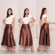 Women's Skirt, Formal Skirt, A-Line Satin Midi Skirt, Elegant Skirt, Stylish, Asymmetrical. - 鏽棕色 - 查看 1