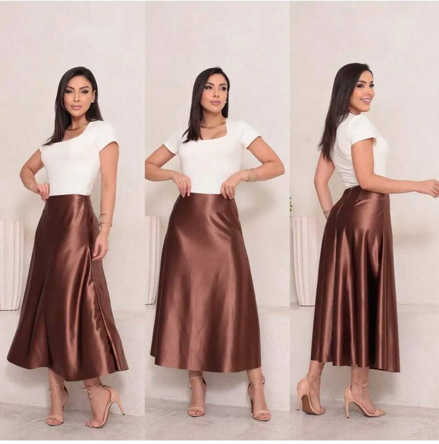 Women's Skirt, Formal Skirt, A-Line Satin Midi Skirt, Elegant Skirt, Stylish, Asymmetrical. - 鏽棕色 - 查看 1