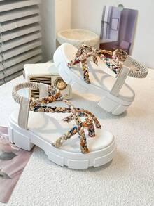 Sandalias de plataforma tejidas con estampado arcoíris y correa de tobillo ajustable - Multicolor - Ver 5