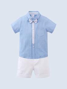 BOARNSEORL 2 pezzi Set abbigliamento elegante per bambini maschi, camicia a righe blu con papillon e pantaloncini bianchi, alla moda ed elegante per feste di compleanno, matrimoni, anniversari, battesimi - Blu e Bianco - Visualizzare 4