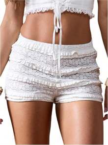 Women's Ruffle Shorts Crochet Tiered Layered Summer Beach Micro ShortsA Valentine's Day AC56 - White - View 8