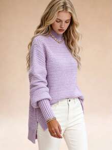 Women's Mock Neck Chunky Knit Sweater, Oversized Textured Multi-Color Pullover, Cozy & Stylish Spring Essential, Elegant Side Split Long Sleeve Jumper, Casual Spring Knit Top, Transitional Layer Piece, Perfect For New Year & Valentine's Day - 紫色(升級款) - 查看 1